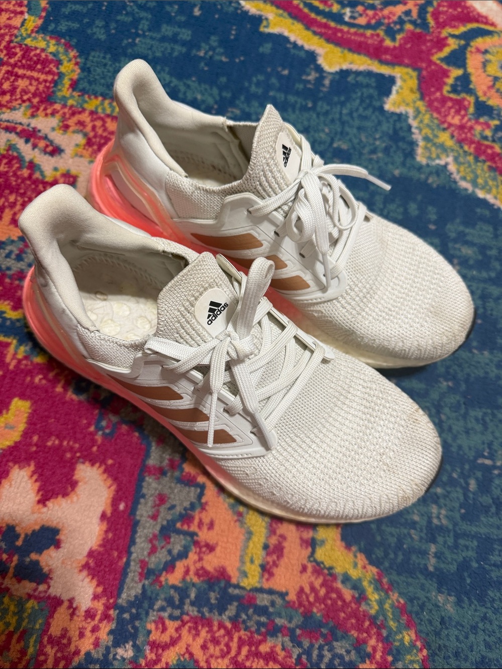 Adidas Ultraboost size 7.5 White Running Sneakers with Coral Heel Accent